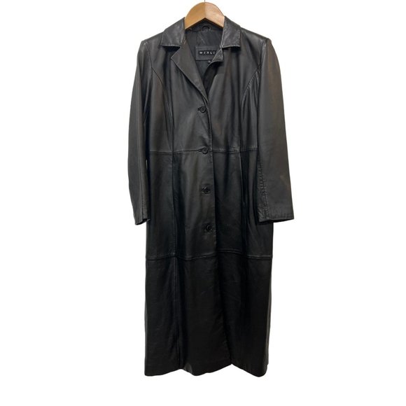 Winlit Solid Black Leather Jacket Long Coat Soft Luxurious Medium Size Unisex - Picture 7 of 12